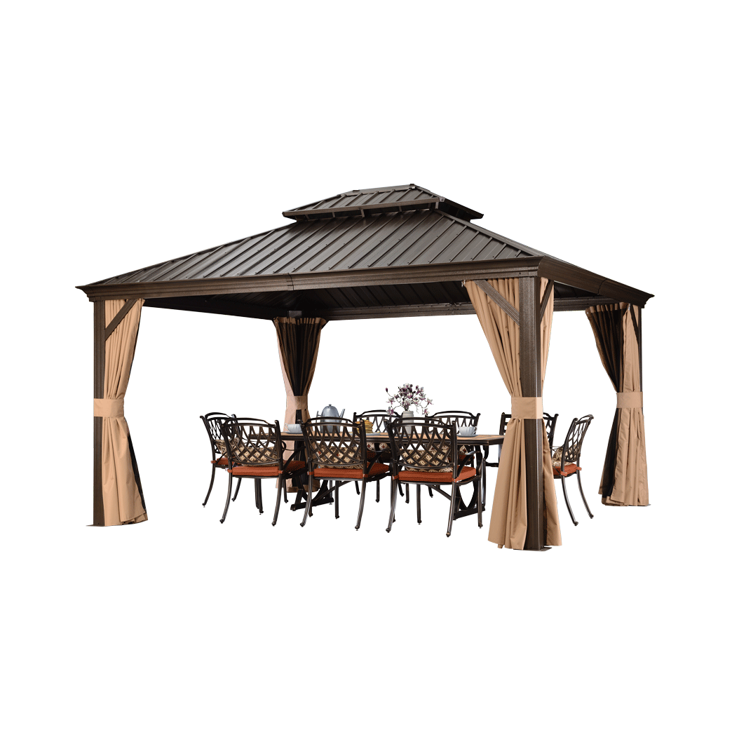 SummerBella 12' x 14' Bronze Hardtop Gazebo With Khaki Curtains