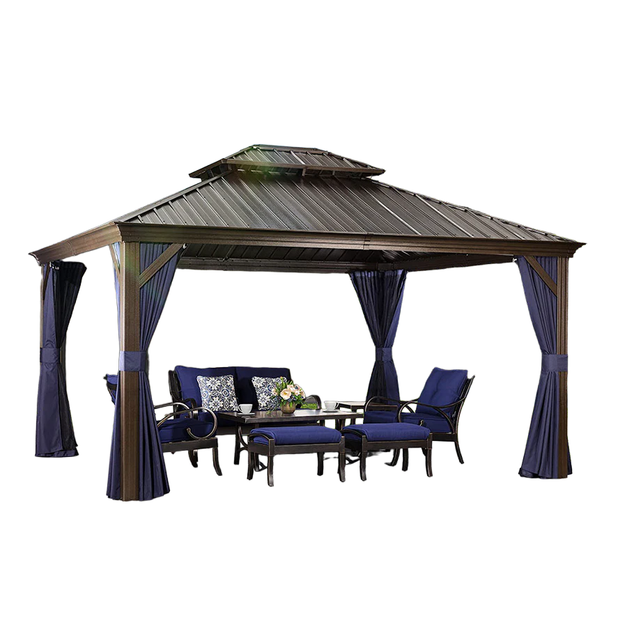 SummerBella 12' x 14' Bronze Hardtop Gazebo with Navy Blue Curtains