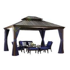 SummerBella 12' x 14' Bronze Hardtop Gazebo with Navy Blue Curtains