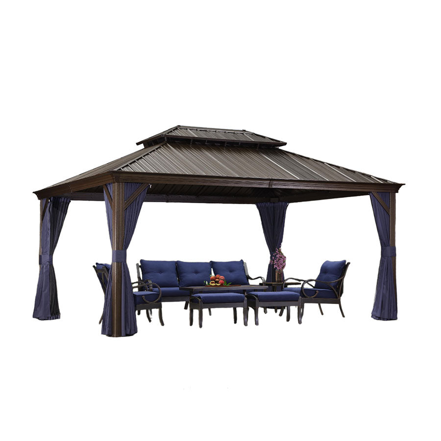 SummerBella 12' x 16' Bronze Hardtop Gazebo With Navy Blue Curtains