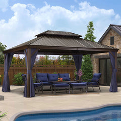 SummerBella 12' x 16' Bronze Hardtop Gazebo With Navy Blue Curtains