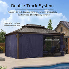 SummerBella 12' x 16' Bronze Hardtop Gazebo With Navy Blue Curtains