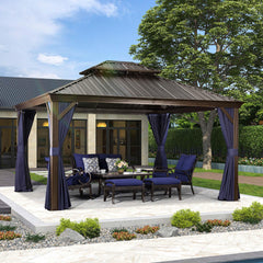 SummerBella 12' x 14' Bronze Hardtop Gazebo with Navy Blue Curtains