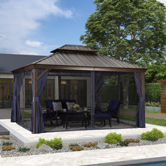 SummerBella 12' x 14' Bronze Hardtop Gazebo with Navy Blue Curtains