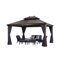 SummerBella 12' x 14' Bronze Hardtop Gazebo With Navy-Blue Curtains and balls