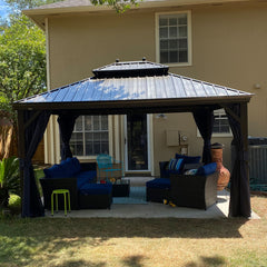 SummerBella 12' x 14' Bronze Hardtop Gazebo With Navy-Blue Curtains and balls