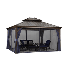 SummerBella 12' x 14' Bronze Hardtop Gazebo With Navy-Blue Curtains and balls