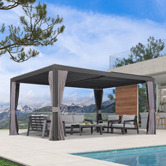 SummerBella 12' X 16' Adjistable Grey Louvered Pergola with Curtains and Netting