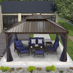 SummerBella 12' x 14' Bronze Hardtop Gazebo With Navy-Blue Curtains and balls